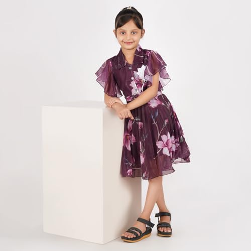 ANMOL CREATIONS Girls Floral Print Party Dress, Black with White Flowers, Short Sleeve, Knee Length (in, Age, 7 Years, 8 Years, Purple) - Image 6