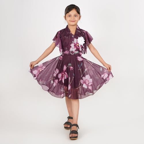 ANMOL CREATIONS Girls Floral Print Party Dress, Black with White Flowers, Short Sleeve, Knee Length (in, Age, 7 Years, 8 Years, Purple) - Image 3