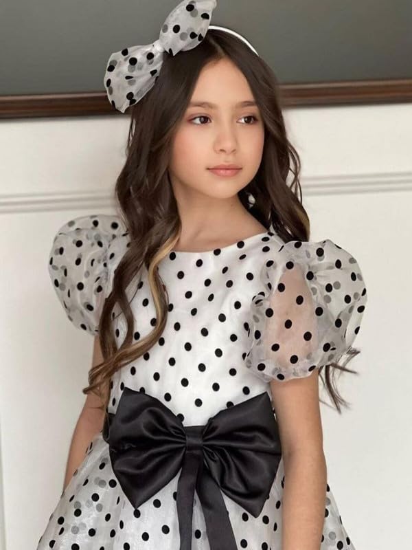 SARAHA DESIGNER Girls' Polka Dot Party Dress with Bow and Puff Sleeves – Elegant White and Black Outfit for Special Occasions,Pack of 1(IBIS 10-11Y) - Image 6