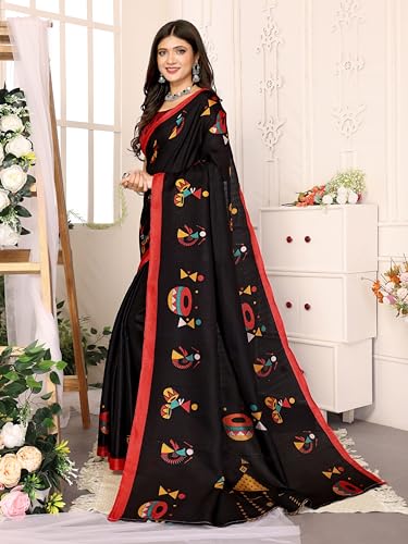 Yashika Women's Elegant Printed Art Silk Saree with Matching Blouse Material-Perfect for Festive Special Occasions, Exquisite Design and Vibrant Colors (AZ-YS-P1-DHOLKI-Parent_Black) - Image 6