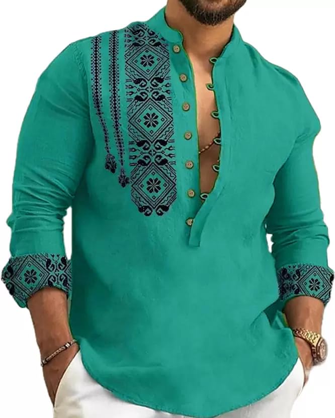 DEELMO Men's Cotton Blend Mandarin Collar Self One Design Full Sleeve Casual Short Kurta (Medium, Rama) - Image 4