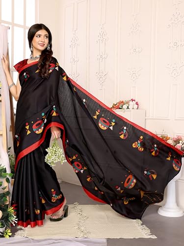 Yashika Women's Elegant Printed Art Silk Saree with Matching Blouse Material-Perfect for Festive Special Occasions, Exquisite Design and Vibrant Colors (AZ-YS-P1-DHOLKI-Parent_Black) - Image 3