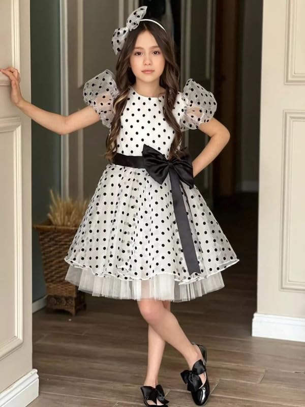SARAHA DESIGNER Girls' Polka Dot Party Dress with Bow and Puff Sleeves – Elegant White and Black Outfit for Special Occasions,Pack of 1(IBIS 10-11Y) - Image 5