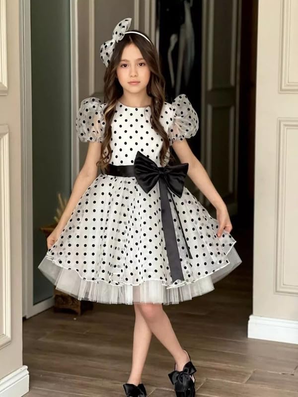 SARAHA DESIGNER Girls' Polka Dot Party Dress with Bow and Puff Sleeves – Elegant White and Black Outfit for Special Occasions,Pack of 1(IBIS 10-11Y) - Image 4