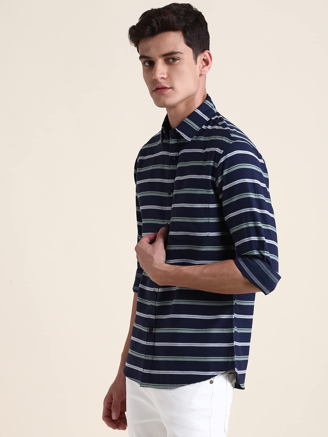 Dennis Lingo Men's Navy Striped Slim Fit Casual Shirt - Image 5