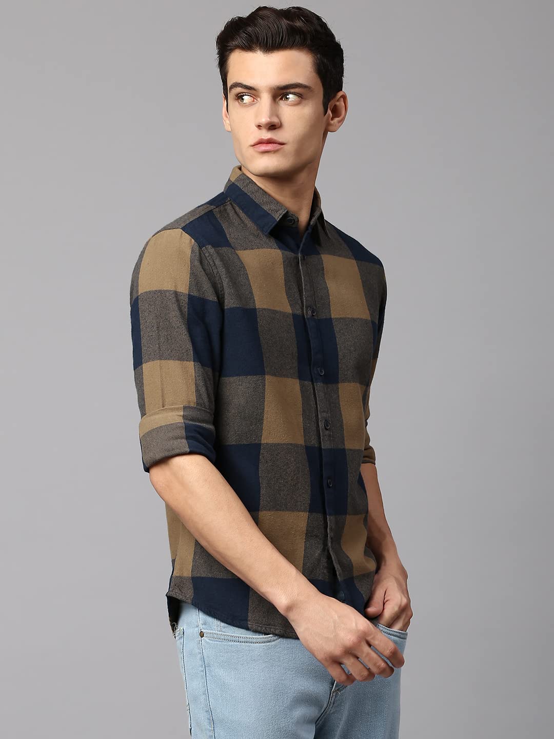 Dennis Lingo Men's Brown Checkered Slim Fit Cotton Casual Shirt (Medium) (Brown) - Image 4