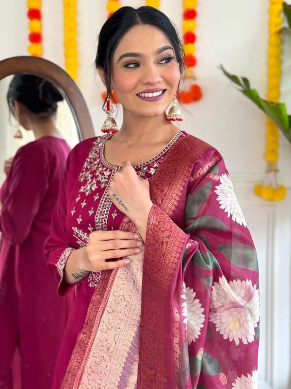 HASVM Viscose Chanderi Embroidered Kurta with Pant and Dupatta for Women | Trendy 3/4 Sleeve Fashionable Lightweight Traditional Kurta Set | Pink | Size XL | Sachi - Image 3