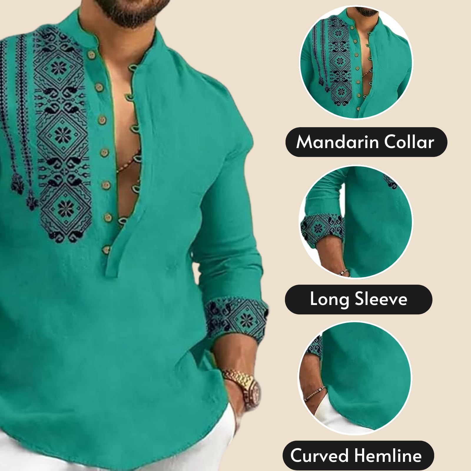 DEELMO Men's Cotton Blend Mandarin Collar Self One Design Full Sleeve Casual Short Kurta (Medium, Rama) - Image 6