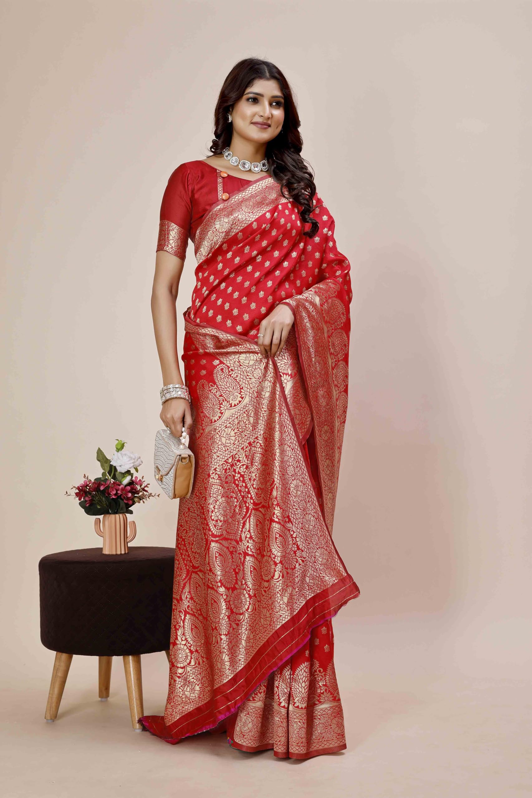 Shasmi Women's Banarasi Saree Pure Kanjivaram Silk Saree Soft new ladies 2025 Design Wear Pattu Sarees Latest Party Sari collections With Blouse Piece for Wedding sadi (PARI-215 RED) - Image 5