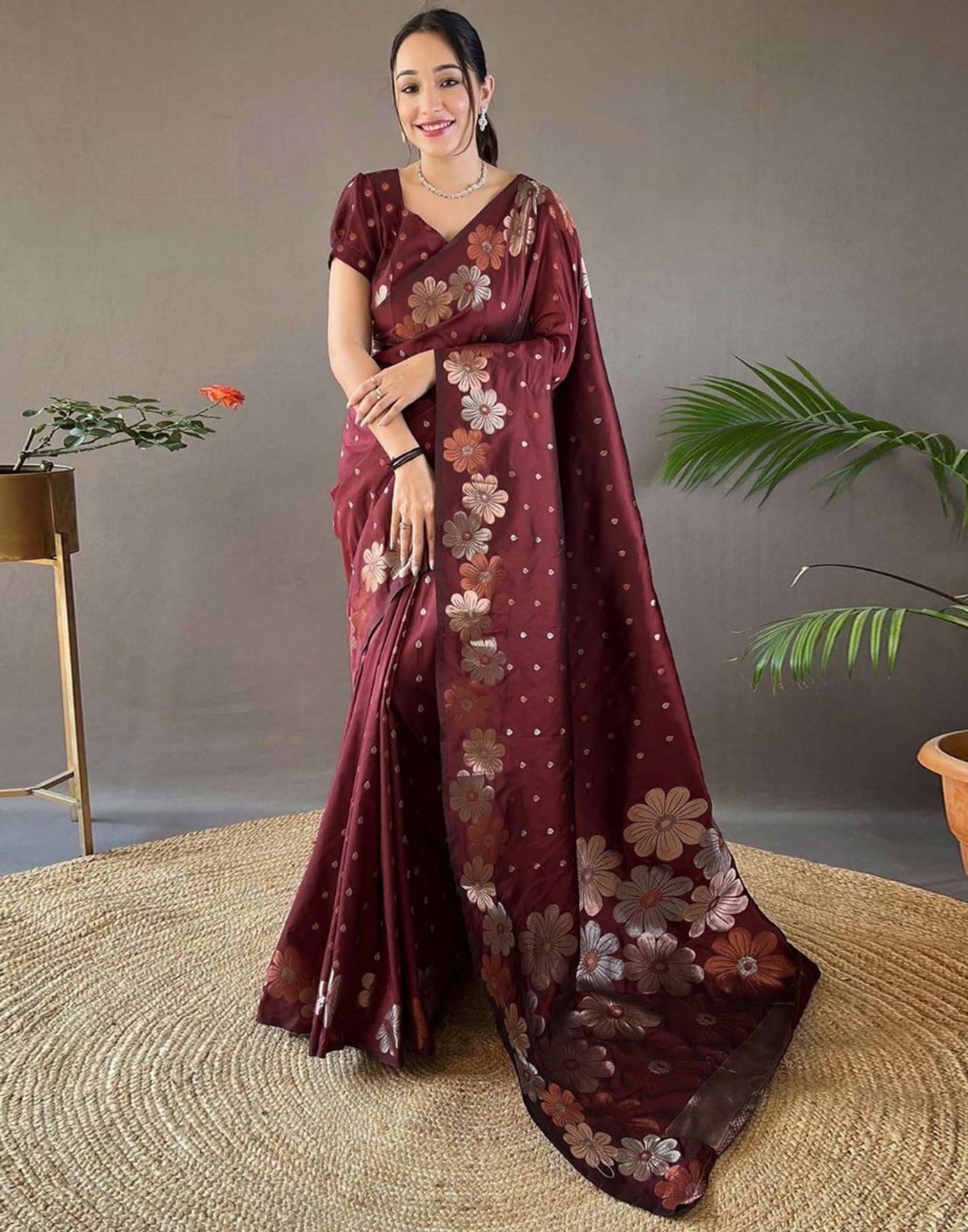 SIRIL Women's Silk Jacquard Saree With Unstitched Blouse Piece (3693S142_Maroon) - Image 7