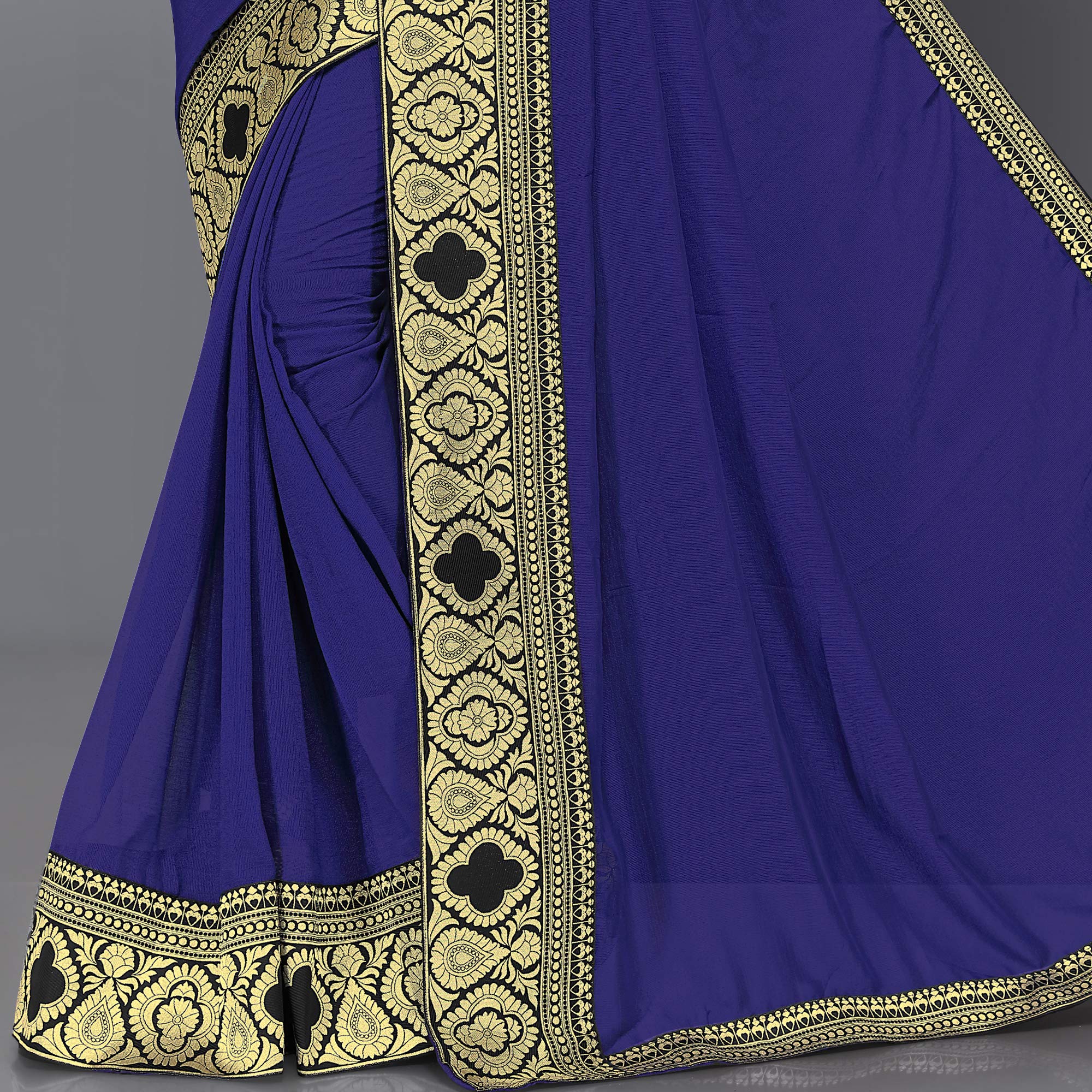 SOURBH Women's Chiffon Woven Zari Work Lace Border Saree with Blouse Piece (12811-Navy Blue) - Image 3