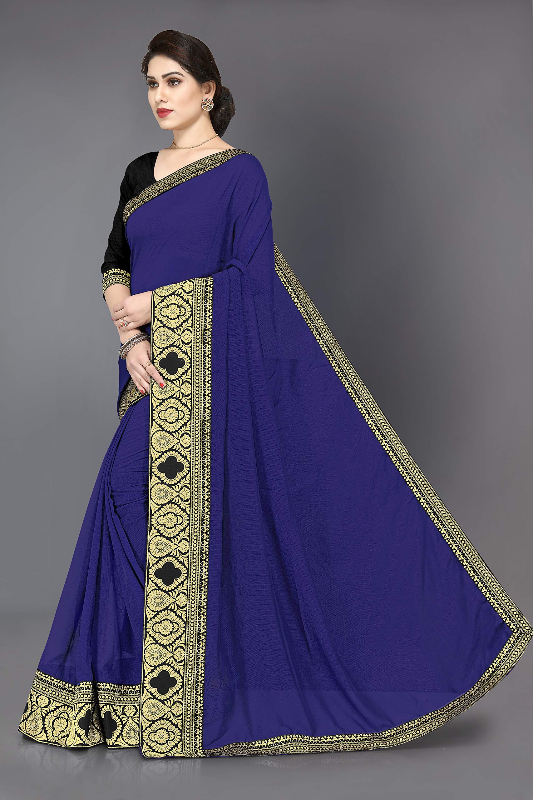 SOURBH Women's Chiffon Woven Zari Work Lace Border Saree with Blouse Piece (12811-Navy Blue) - Image 6