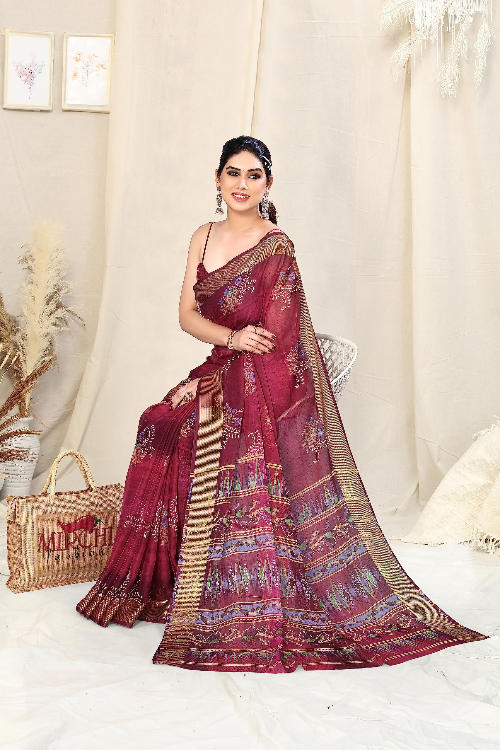 MIRCHI FASHION Women's Jacquard Chiffon Georgette Abstract Printed Saree with Blouse Piece (38784-Magenta, Muticolor) - Image 9