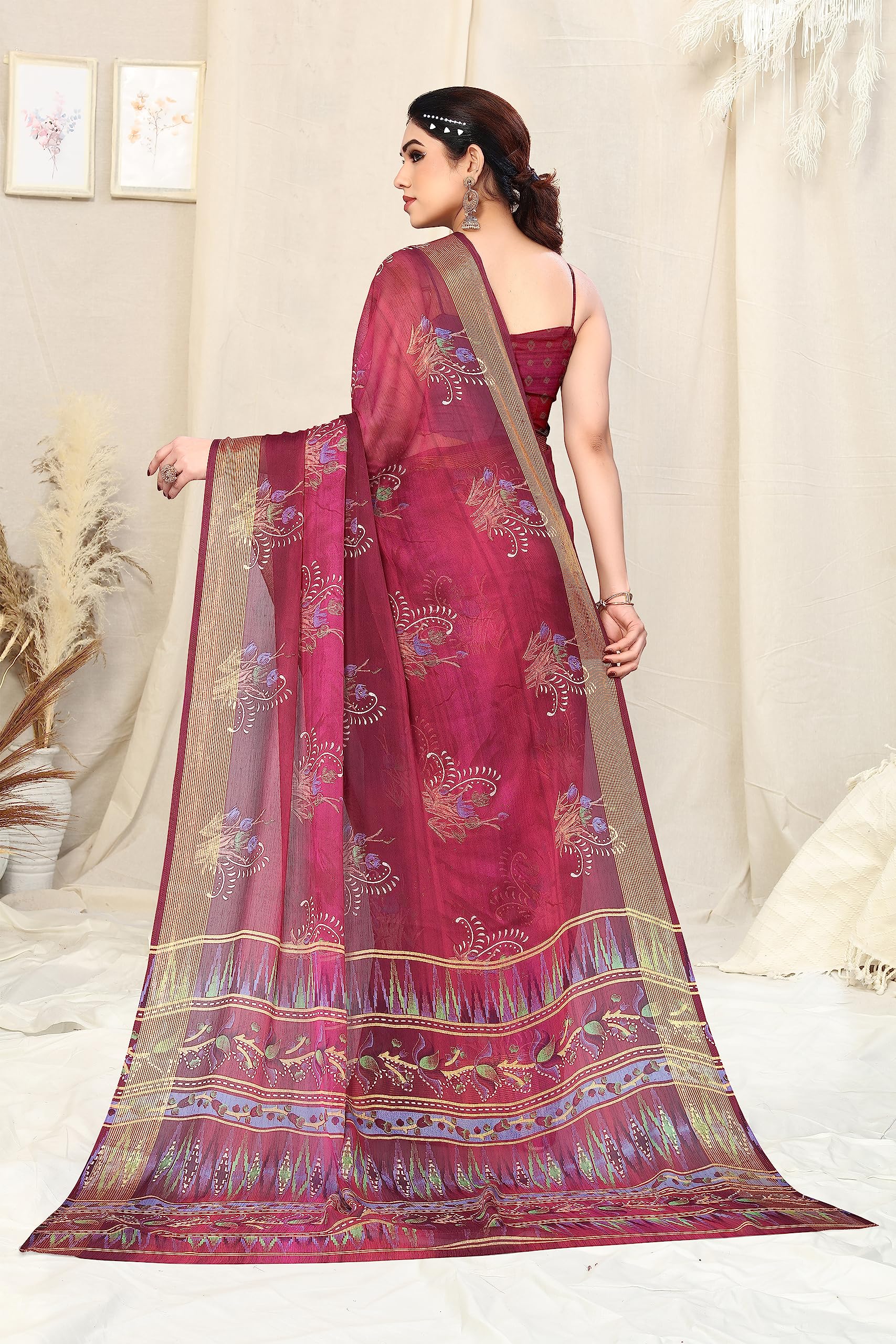 MIRCHI FASHION Women's Jacquard Chiffon Georgette Abstract Printed Saree with Blouse Piece (38784-Magenta, Muticolor) - Image 8