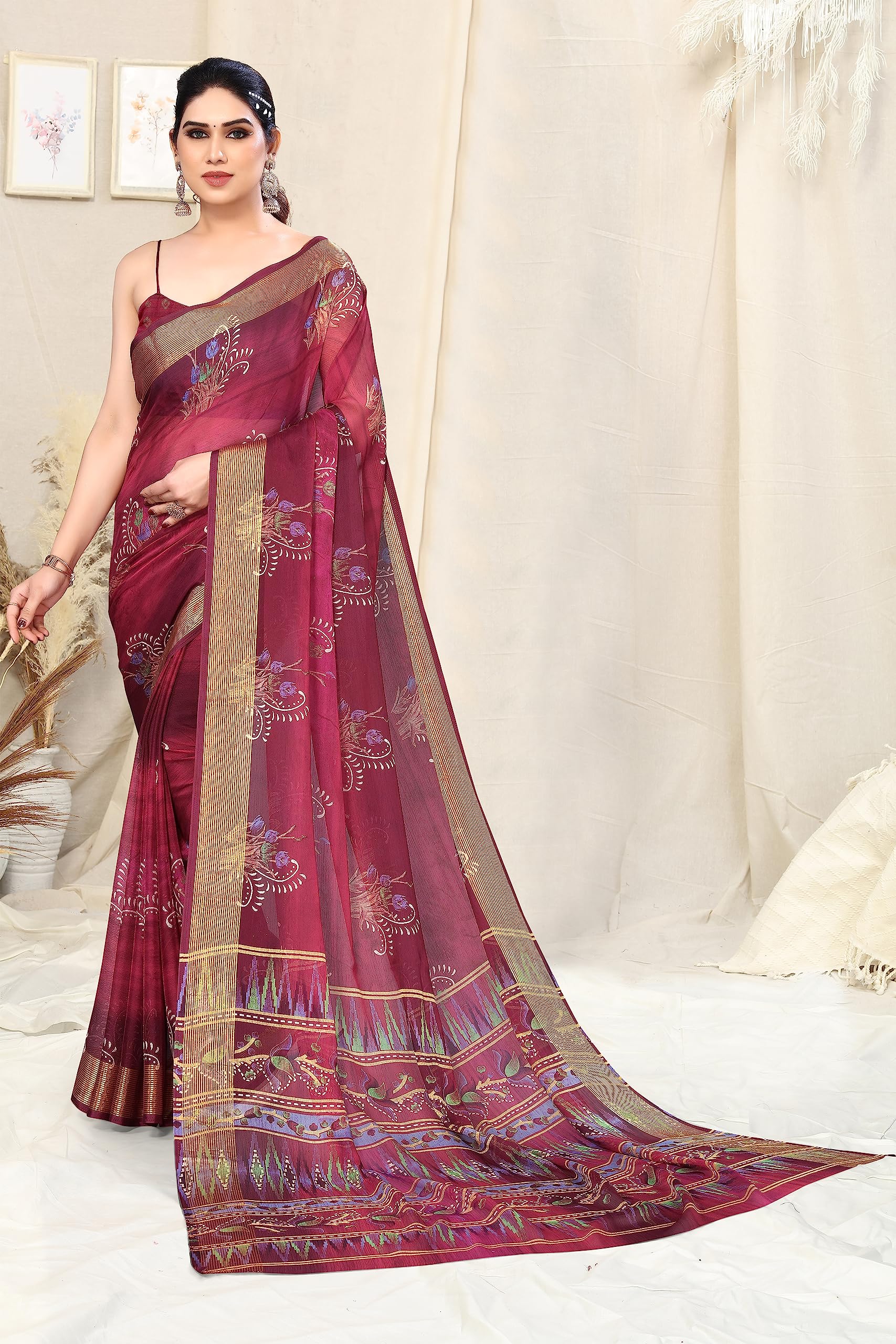 MIRCHI FASHION Women's Jacquard Chiffon Georgette Abstract Printed Saree with Blouse Piece (38784-Magenta, Muticolor) - Image 6