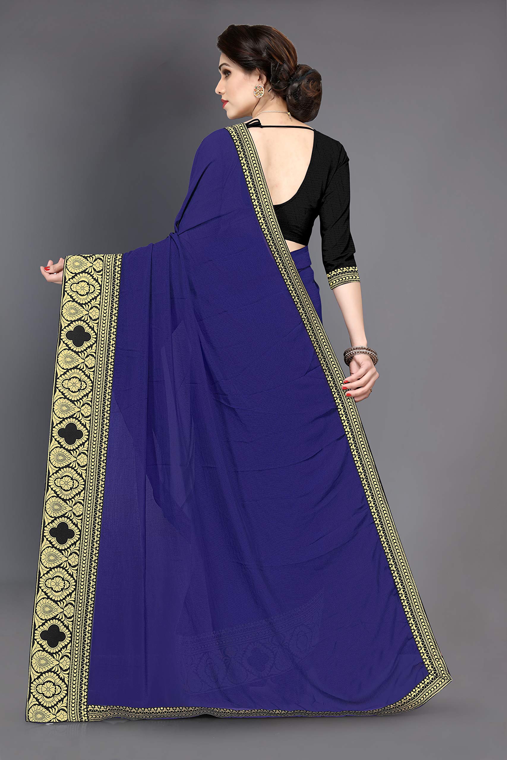 SOURBH Women's Chiffon Woven Zari Work Lace Border Saree with Blouse Piece (12811-Navy Blue) - Image 7