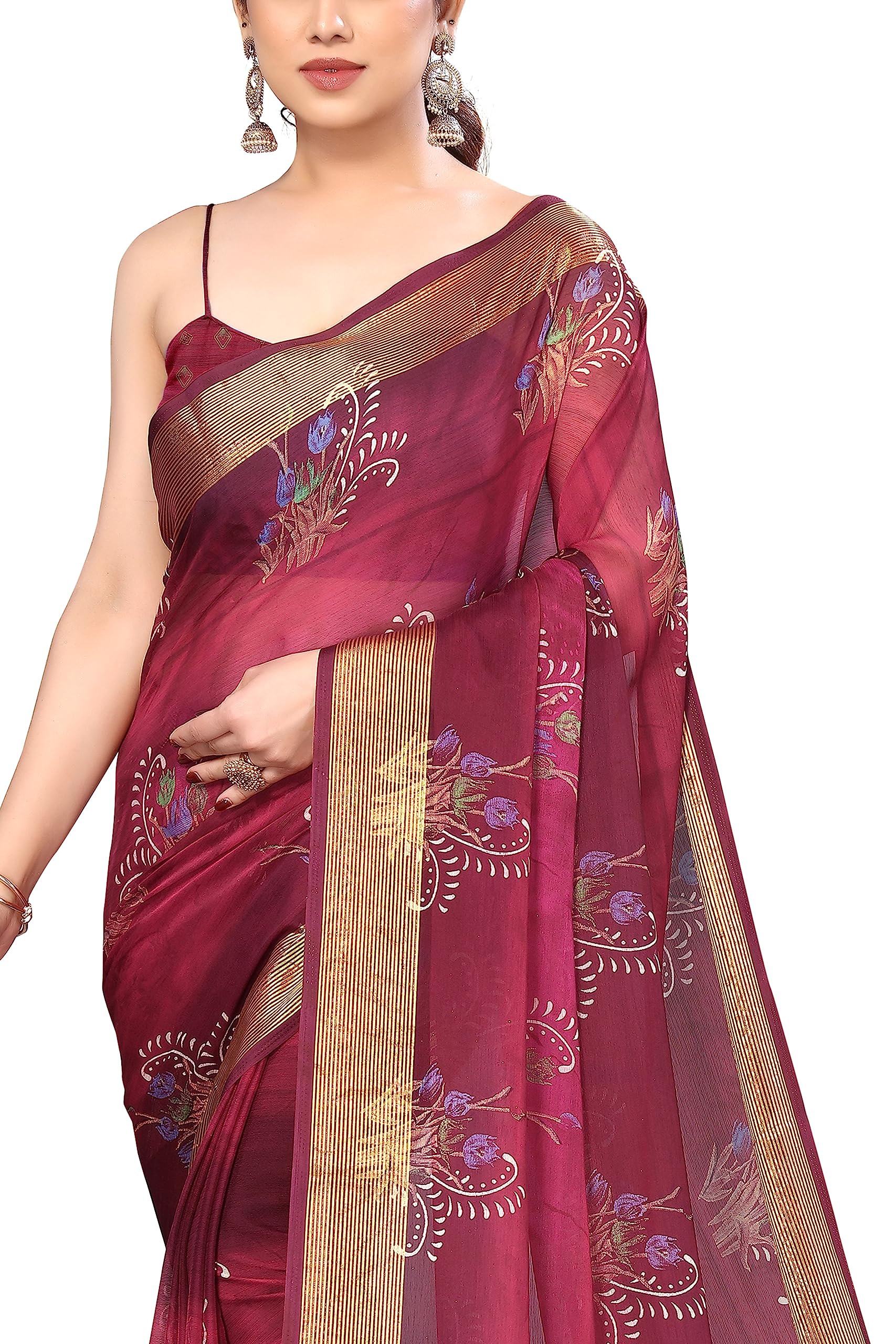 MIRCHI FASHION Women's Jacquard Chiffon Georgette Abstract Printed Saree with Blouse Piece (38784-Magenta, Muticolor) - Image 4