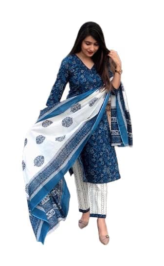 KLOSIA women's Rayon Kurta Palazzo With Dupatta Set (Floral_Suit_XXL_Indigo Blue_2XL) - Image 5