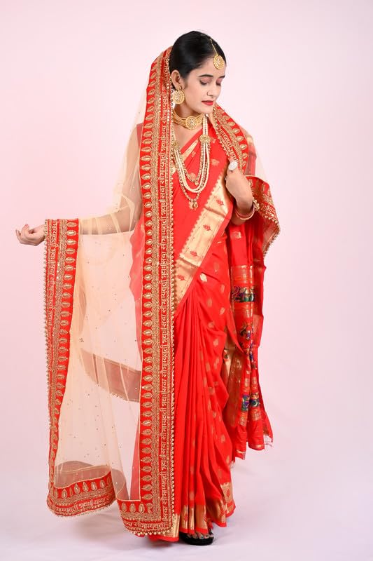 Radha Rang Wedding & Bridal Dupatta : Cream Women Bridal Dupatta for Wedding (Marriage) - Chunari With Velvet Lace For Bride Addition to Your Net Red, Pink Lehenga Saree Only 30 - Image 4