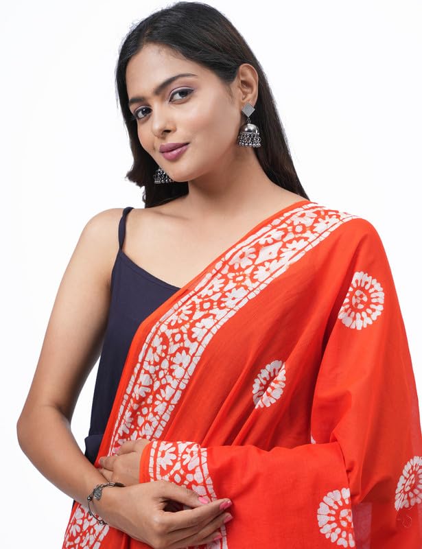 HELLA FASHIONS Women's Hand-Dyed Batik Pure Cotton Dupatta - 2.5 Meters | Heavy Bordered Designer chunni garba for Lehenga Kurtis| Ethnic Wear Casual Wear (Orange) - Image 4