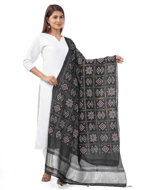 HELLA FASHIONS Women's Dupatta 2.5 Meters| Bandhani Gaji Silk Ghatchola Checks with Zari Borders| Heavy Bordered Designer Chunni| Ethnic Wear (Black) - Image 7