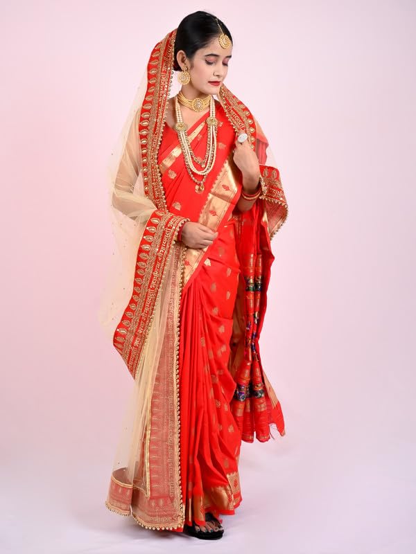 Radha Rang Wedding & Bridal Dupatta : Cream Women Bridal Dupatta for Wedding (Marriage) - Chunari With Velvet Lace For Bride Addition to Your Net Red, Pink Lehenga Saree Only 30 - Image 3