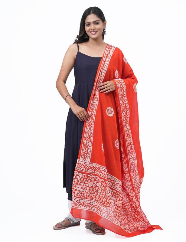 HELLA FASHIONS Women's Hand-Dyed Batik Pure Cotton Dupatta - 2.5 Meters | Heavy Bordered Designer chunni garba for Lehenga Kurtis| Ethnic Wear Casual Wear (Orange) - Image 6
