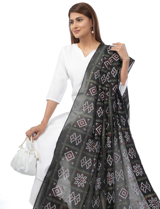 HELLA FASHIONS Women's Dupatta 2.5 Meters| Bandhani Gaji Silk Ghatchola Checks with Zari Borders| Heavy Bordered Designer Chunni| Ethnic Wear (Black) - Image 4