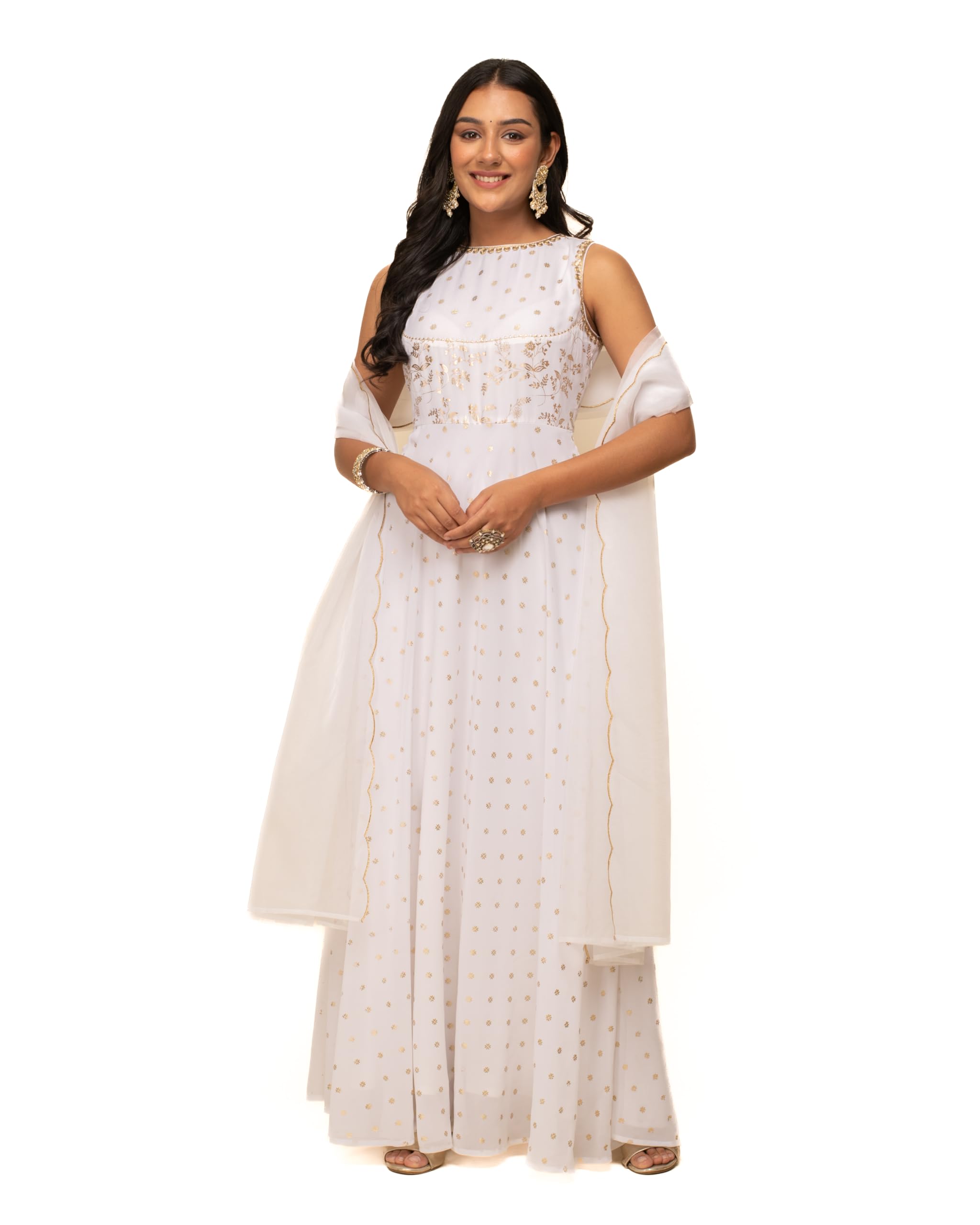 FIORRA Women's White Georgette Printed Gown with Dupatta SET0126 - Image 4