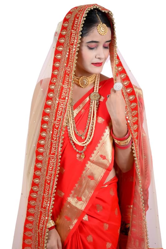 Radha Rang Wedding & Bridal Dupatta : Cream Women Bridal Dupatta for Wedding (Marriage) - Chunari With Velvet Lace For Bride Addition to Your Net Red, Pink Lehenga Saree Only 30 - Image 7