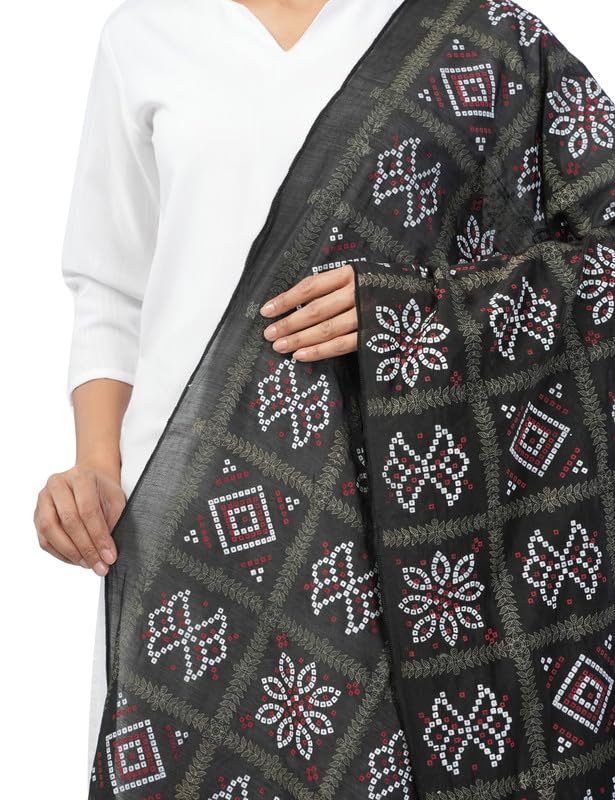 HELLA FASHIONS Women's Dupatta 2.5 Meters| Bandhani Gaji Silk Ghatchola Checks with Zari Borders| Heavy Bordered Designer Chunni| Ethnic Wear (Black) - Image 6