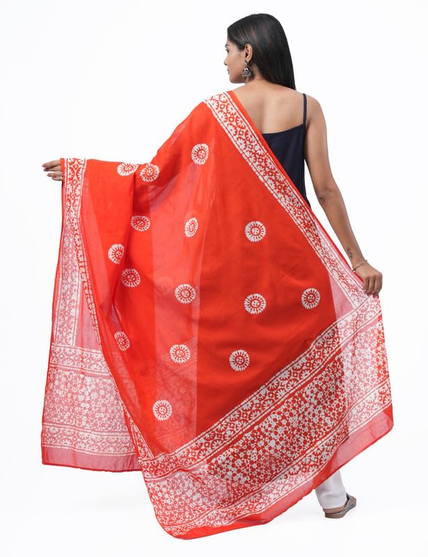 HELLA FASHIONS Women's Hand-Dyed Batik Pure Cotton Dupatta - 2.5 Meters | Heavy Bordered Designer chunni garba for Lehenga Kurtis| Ethnic Wear Casual Wear (Orange) - Image 3
