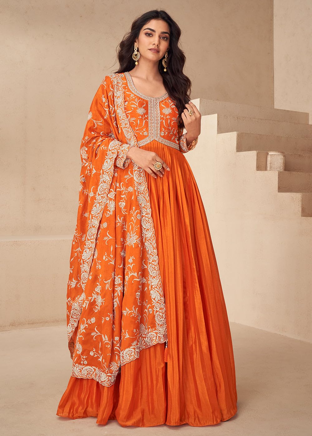 Miss Ethnik Women's Orange Chinon Stitched Gown with Dupatta Full Sleeve Embroidered Anarkali Gown (ME-1244-Orange-L) - Image 5