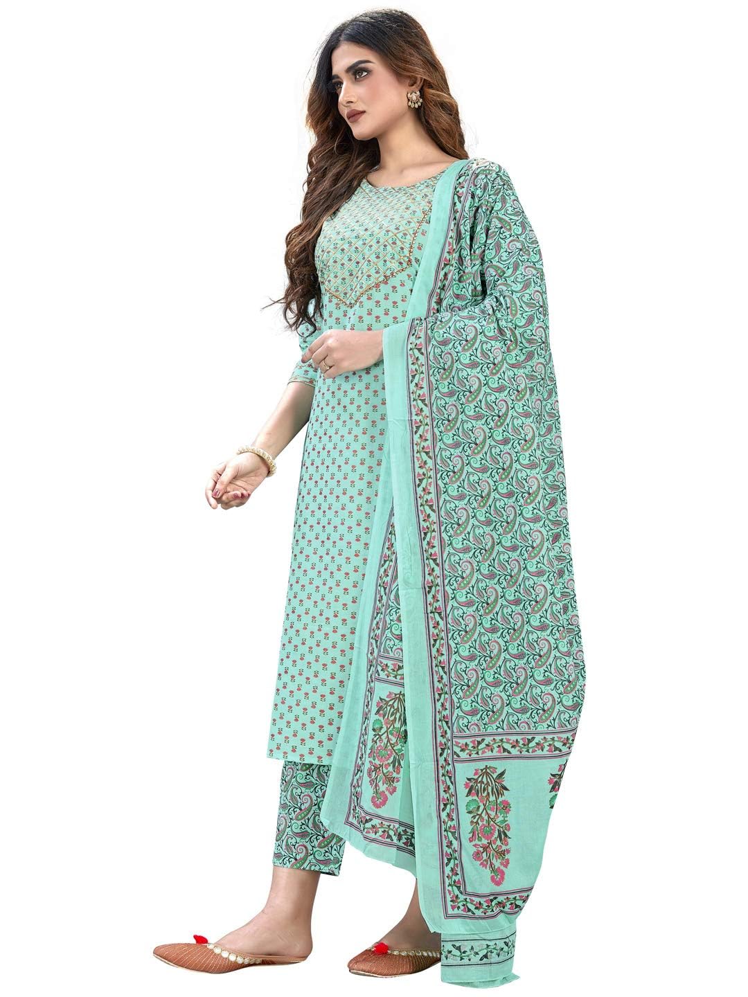 Vbuyz Women's Foil Print & Gota Patti Work Straight Cotton Turquoise Kurta,Pant & Dupatta| Kurta pant set | kurta for women cotton | stylish kurta - Image 6