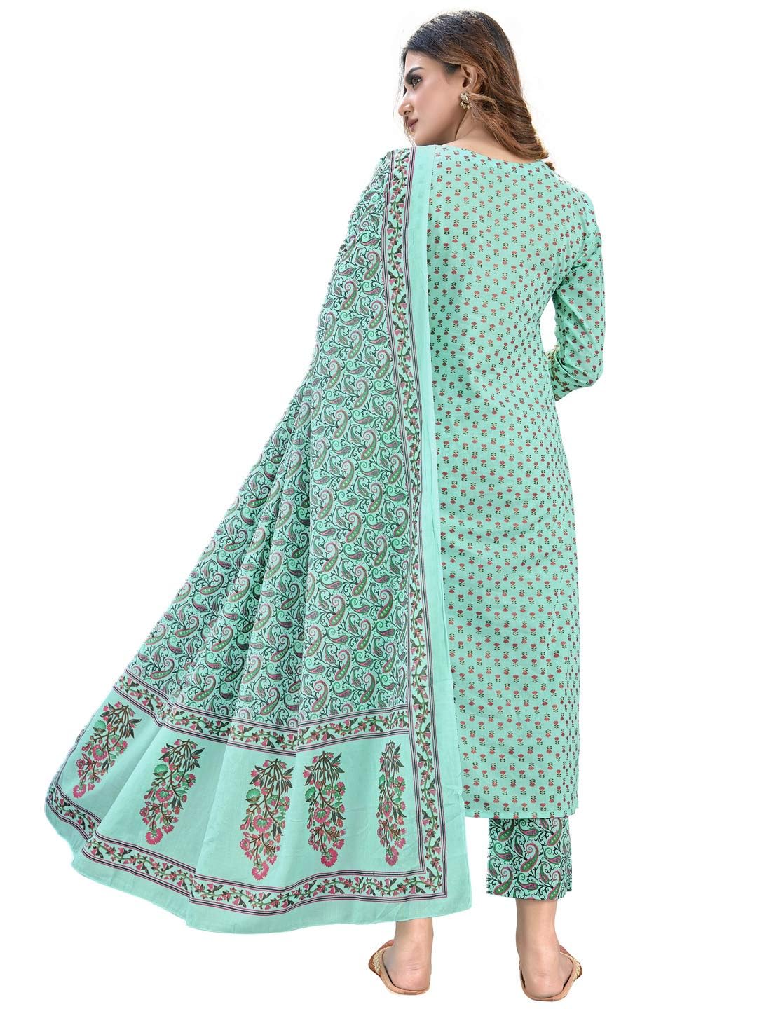 Vbuyz Women's Foil Print & Gota Patti Work Straight Cotton Turquoise Kurta,Pant & Dupatta| Kurta pant set | kurta for women cotton | stylish kurta - Image 8