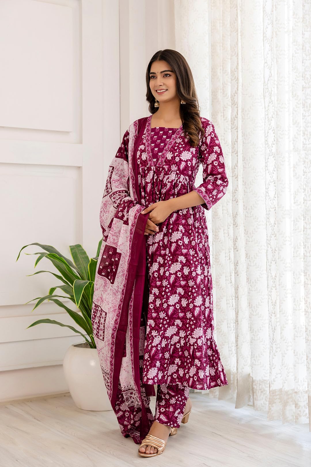 SHIENZY Cotton Blend Square Neck Kurta Set with Dupatta for Women | Women Kurta Sets with Dupatta (1609-1610) (IN, Alpha, L, Regular, Purple) - Image 3