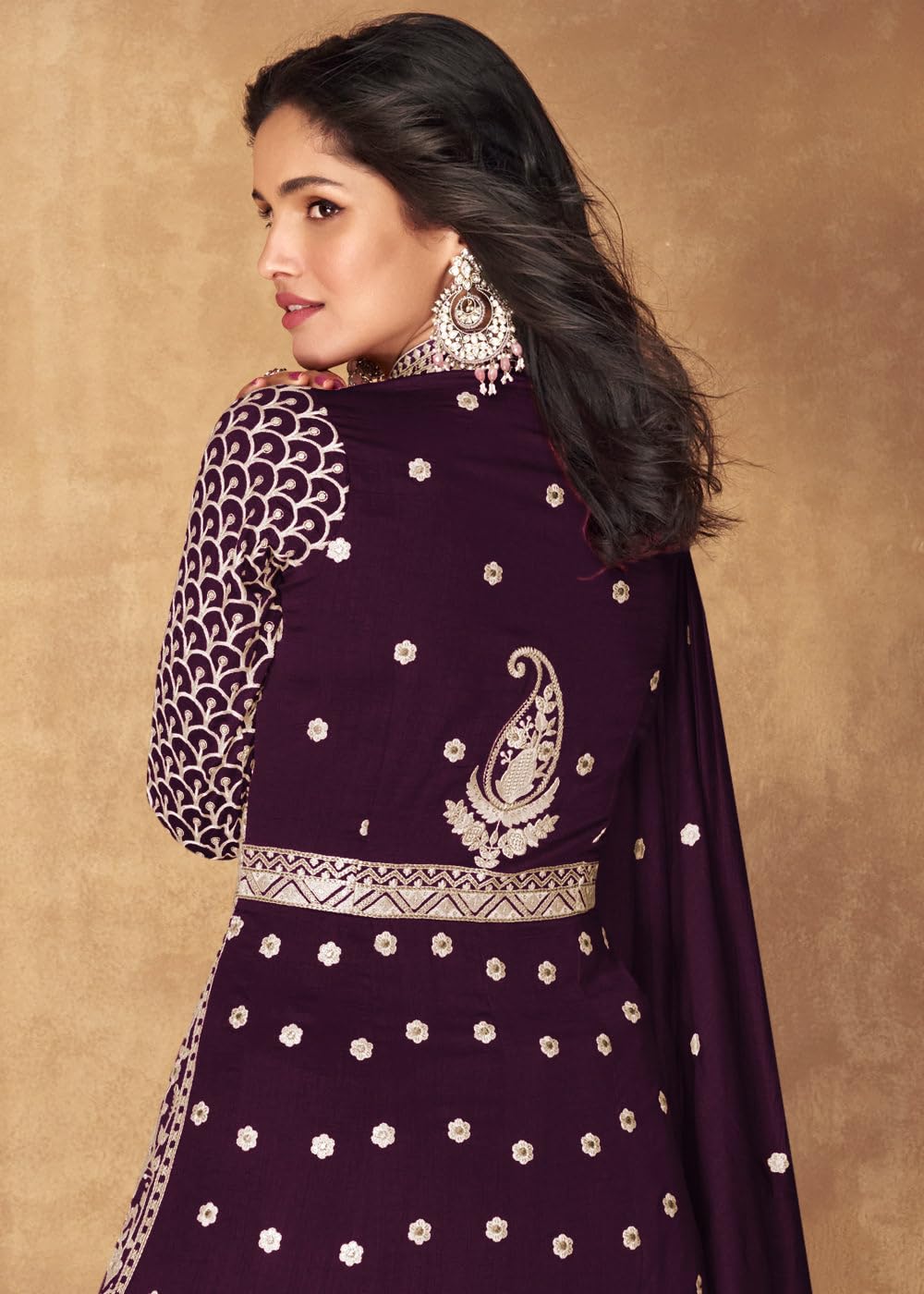 Miss Ethnik Women's Purple Vichitra Silk Stitched Top With Stitched Vichitra Silk Bottom and Vichitra silk Dupatta Full Sleeve Embroidered Anarkali Gown (ME-1165-Purple-XXL) - Image 3