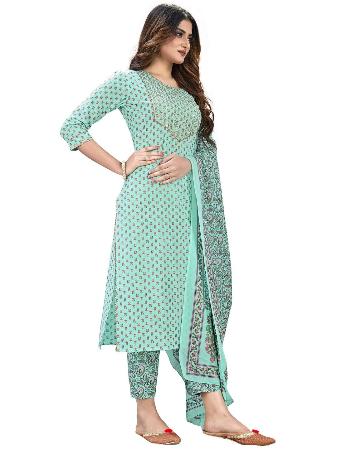 Vbuyz Women's Foil Print & Gota Patti Work Straight Cotton Turquoise Kurta,Pant & Dupatta| Kurta pant set | kurta for women cotton | stylish kurta - Image 7