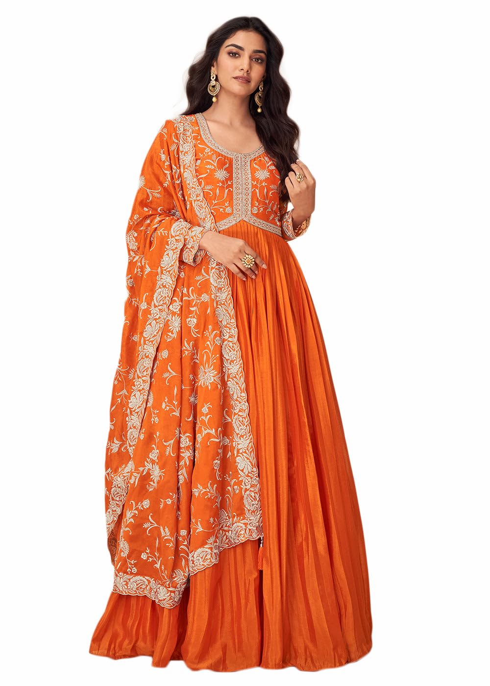 Miss Ethnik Women's Orange Chinon Stitched Gown with Dupatta Full Sleeve Embroidered Anarkali Gown (ME-1244-Orange-L)