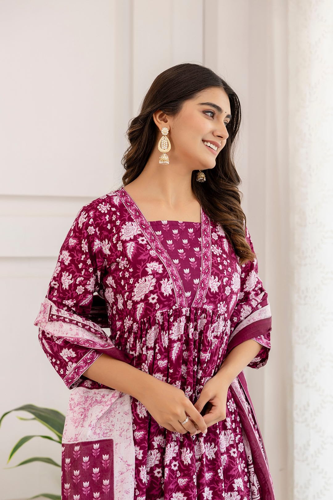 SHIENZY Cotton Blend Square Neck Kurta Set with Dupatta for Women | Women Kurta Sets with Dupatta (1609-1610) (IN, Alpha, L, Regular, Purple) - Image 4