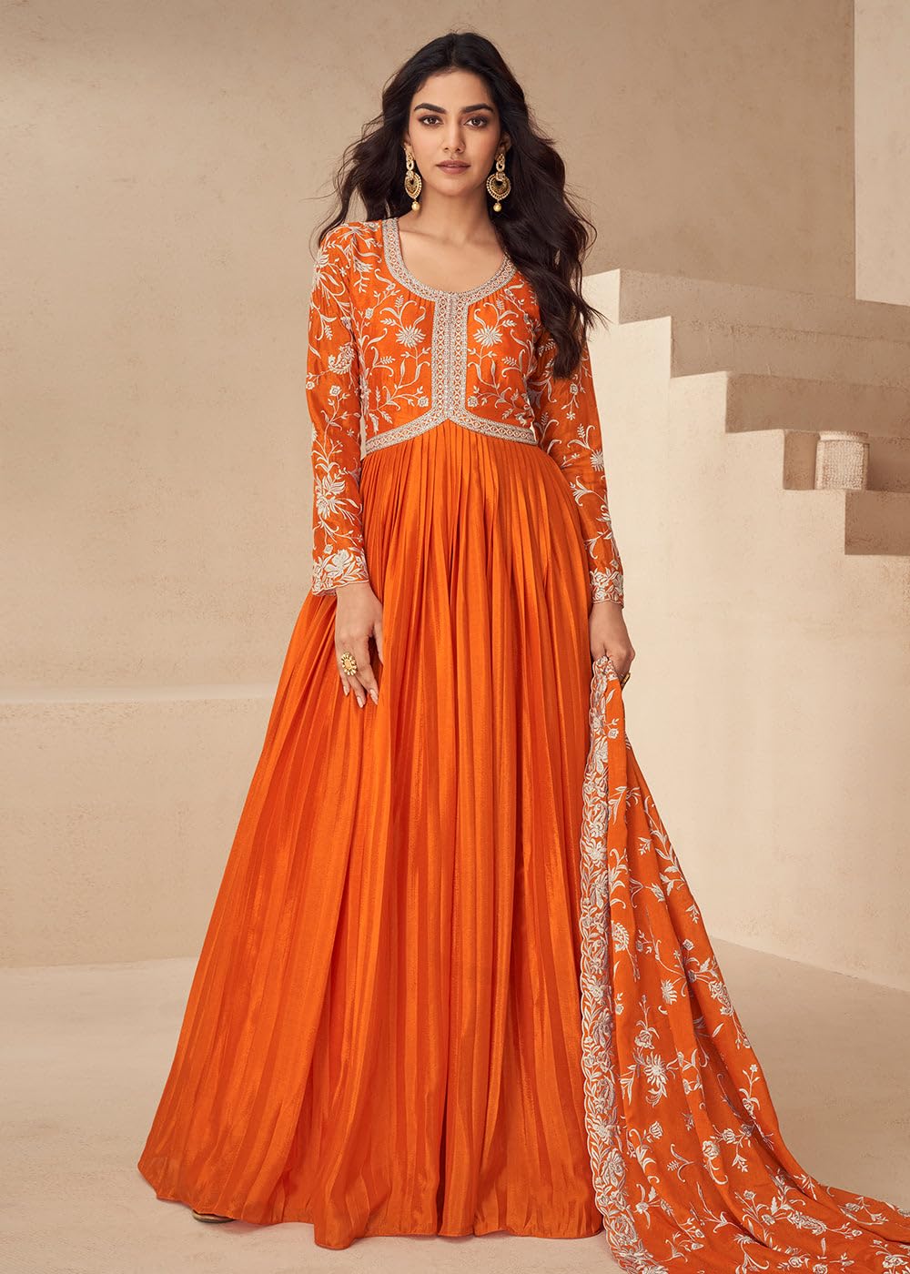 Miss Ethnik Women's Orange Chinon Stitched Gown with Dupatta Full Sleeve Embroidered Anarkali Gown (ME-1244-Orange-L) - Image 3