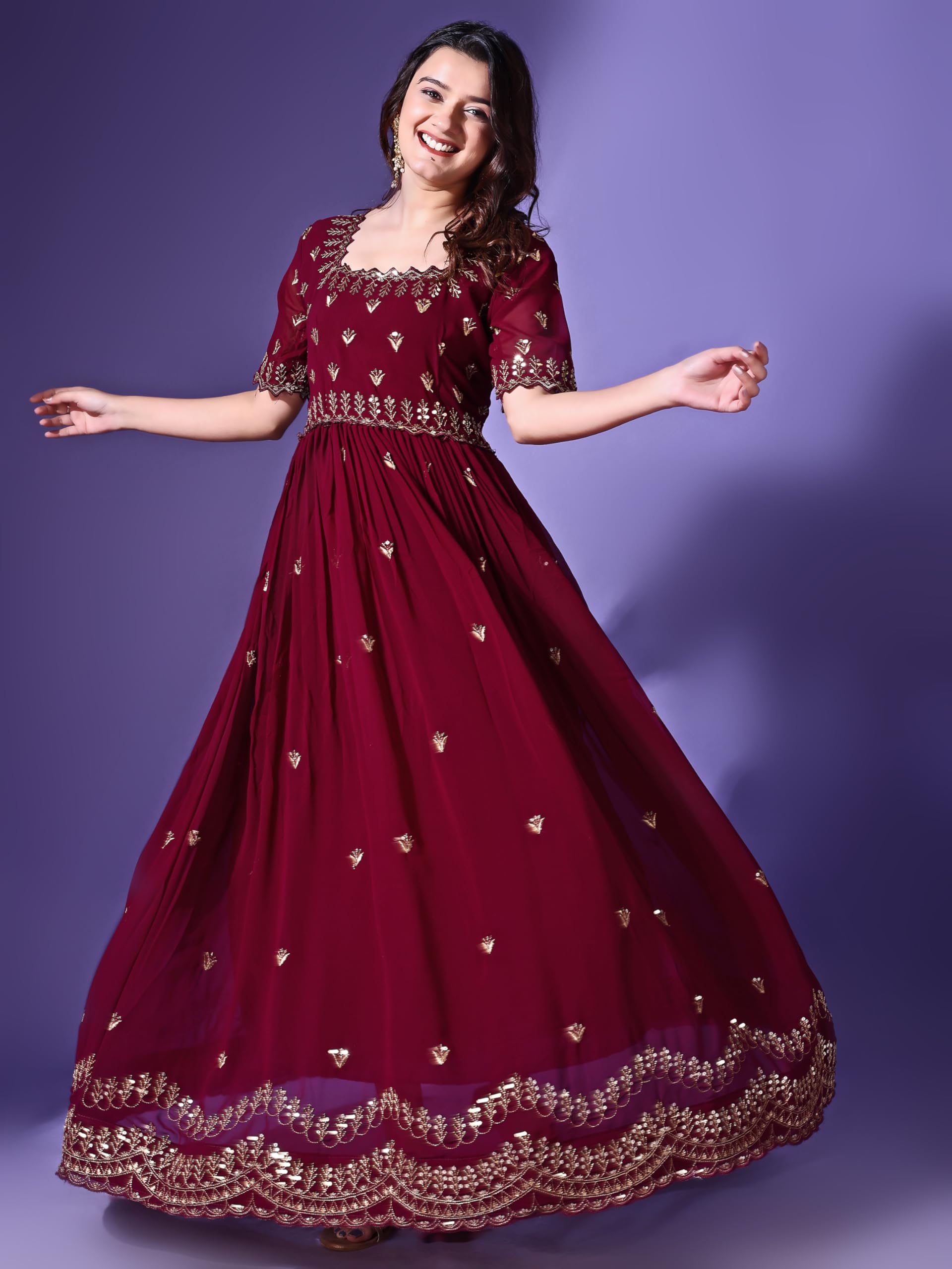 Fashion Basket Georgette Embroidered Long Gown for Women Maroon - Image 6