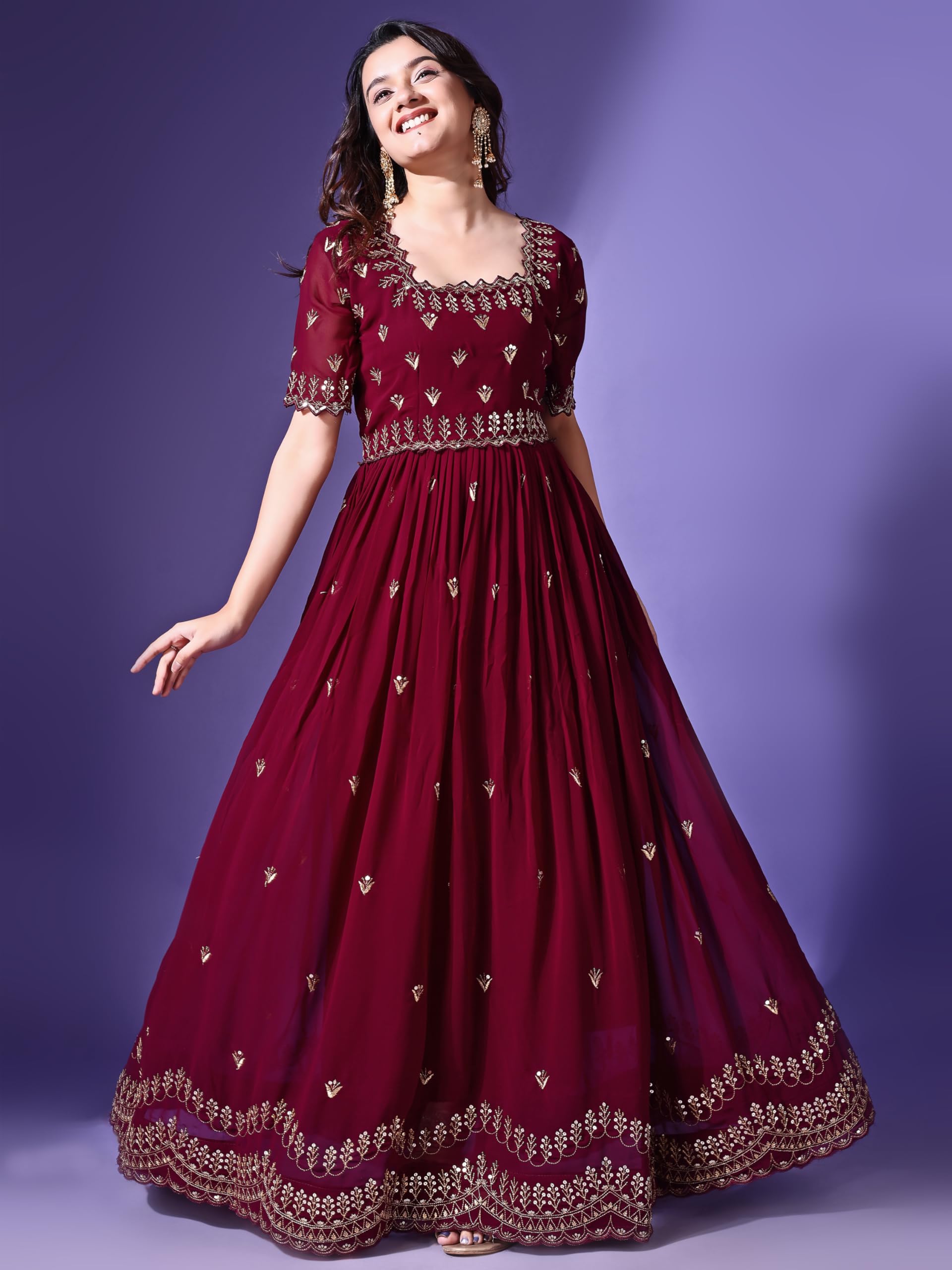 Fashion Basket Georgette Embroidered Long Gown for Women Maroon - Image 4