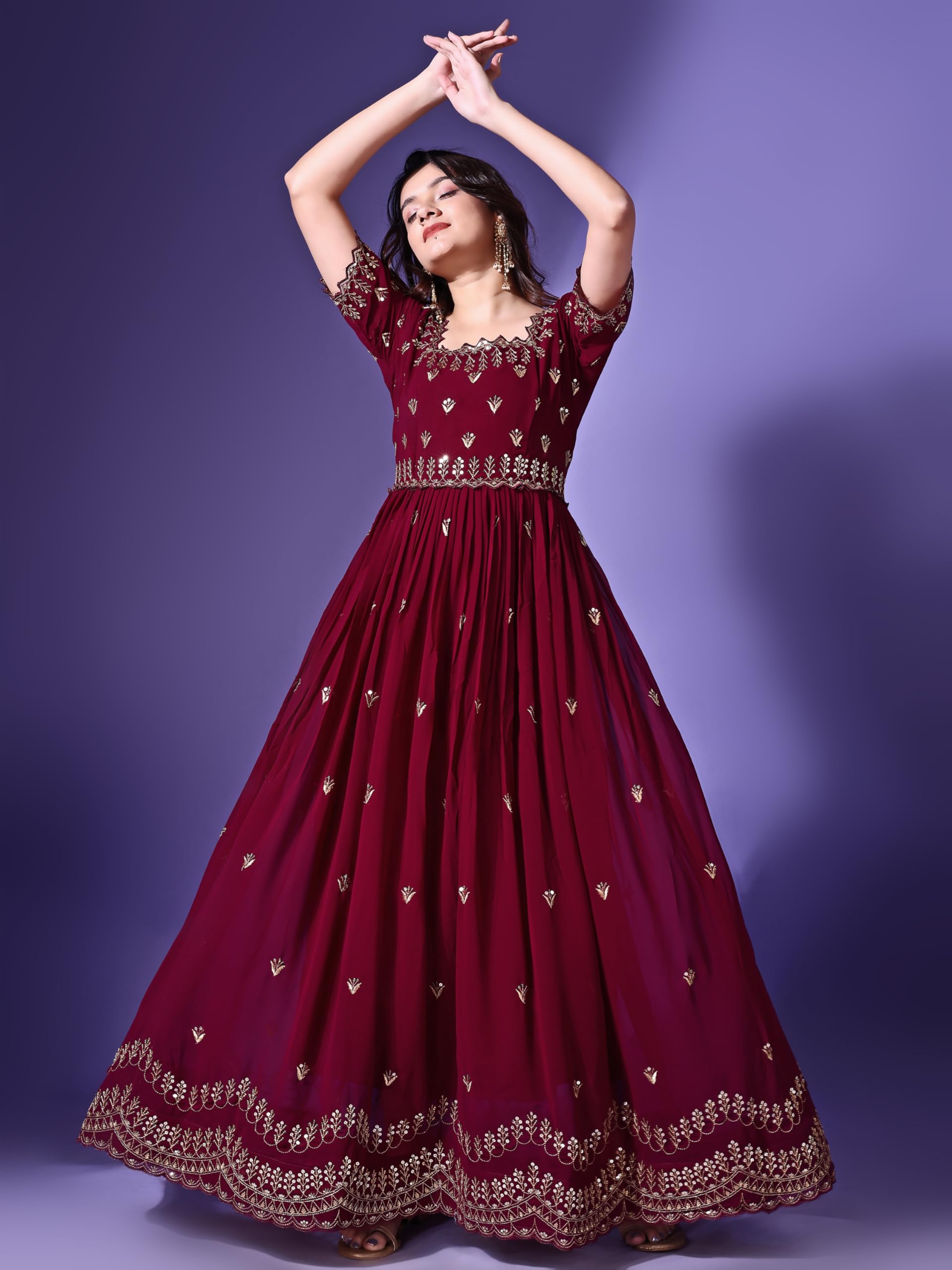 Fashion Basket Georgette Embroidered Long Gown for Women Maroon - Image 3