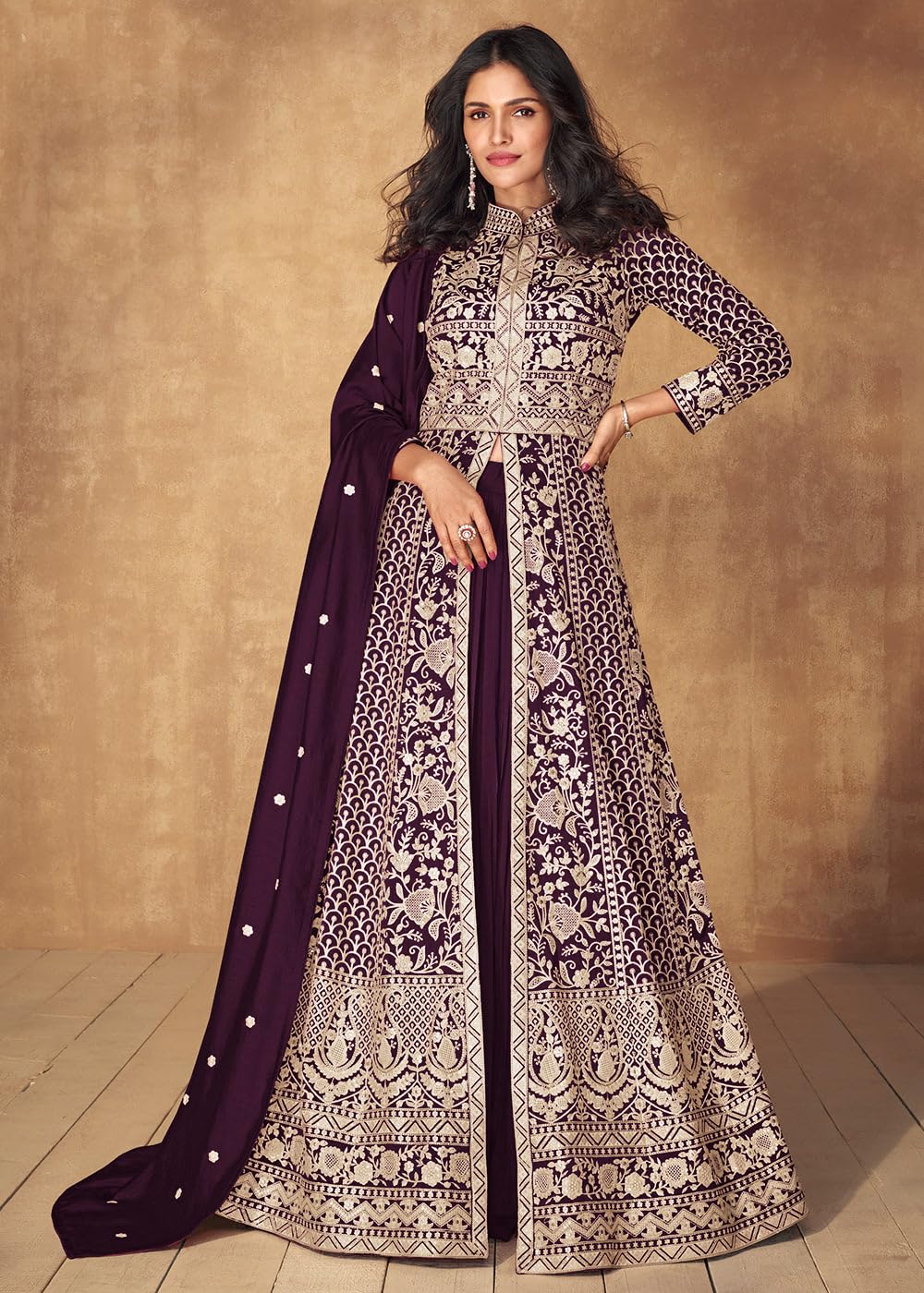 Miss Ethnik Women's Purple Vichitra Silk Stitched Top With Stitched Vichitra Silk Bottom and Vichitra silk Dupatta Full Sleeve Embroidered Anarkali Gown (ME-1165-Purple-XXL) - Image 4