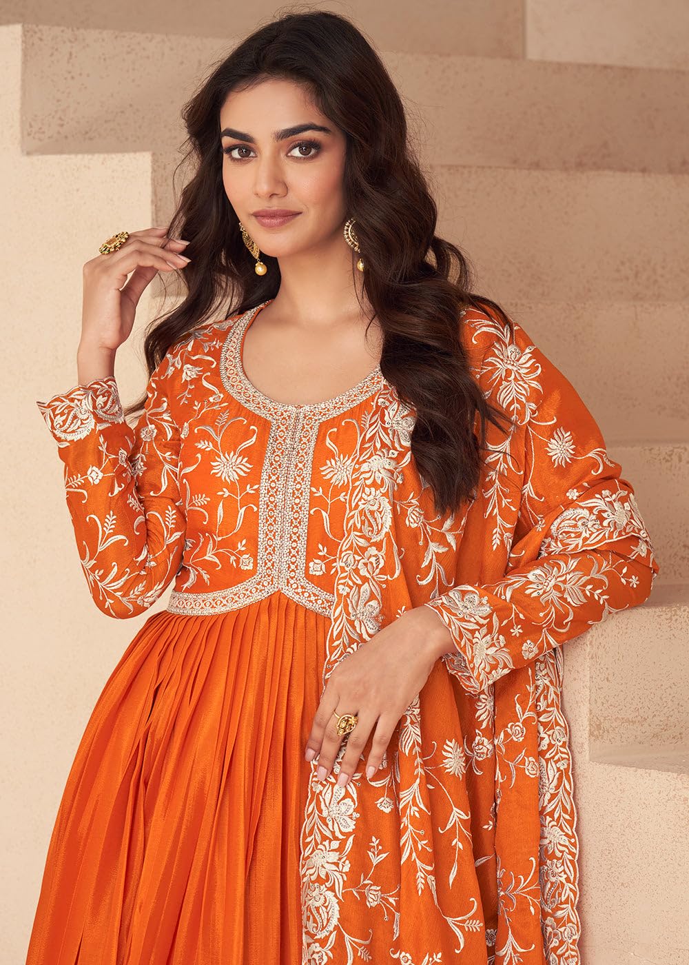 Miss Ethnik Women's Orange Chinon Stitched Gown with Dupatta Full Sleeve Embroidered Anarkali Gown (ME-1244-Orange-L) - Image 4
