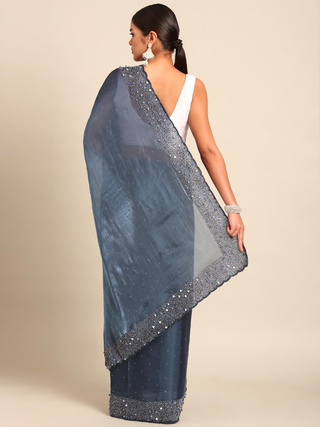 MOHEY Grey Organza Embroidery|Stone Work Saree for Women - Image 7