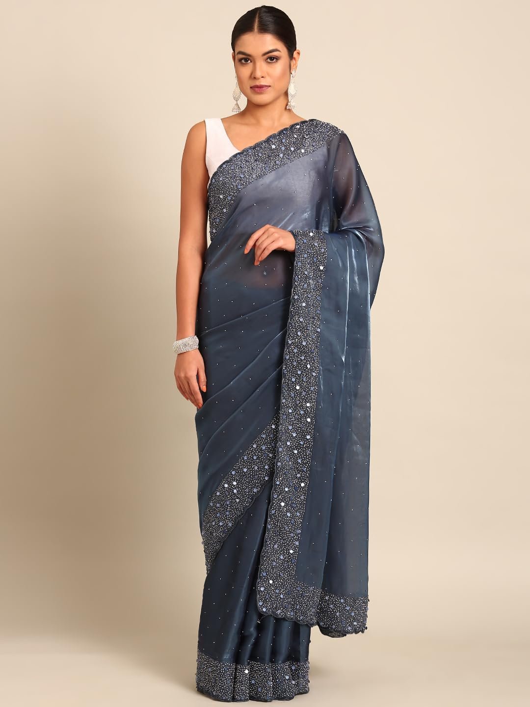 MOHEY Grey Organza Embroidery|Stone Work Saree for Women - Image 9