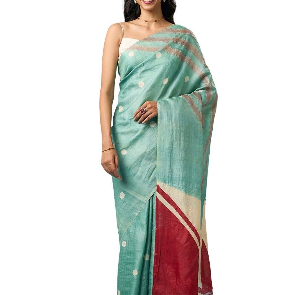 Taneira Chattisgarh Hand Painted Tussar Saree For Women With Unstitched Blouse Piece (Light Green-SAAFWEHTT0101)