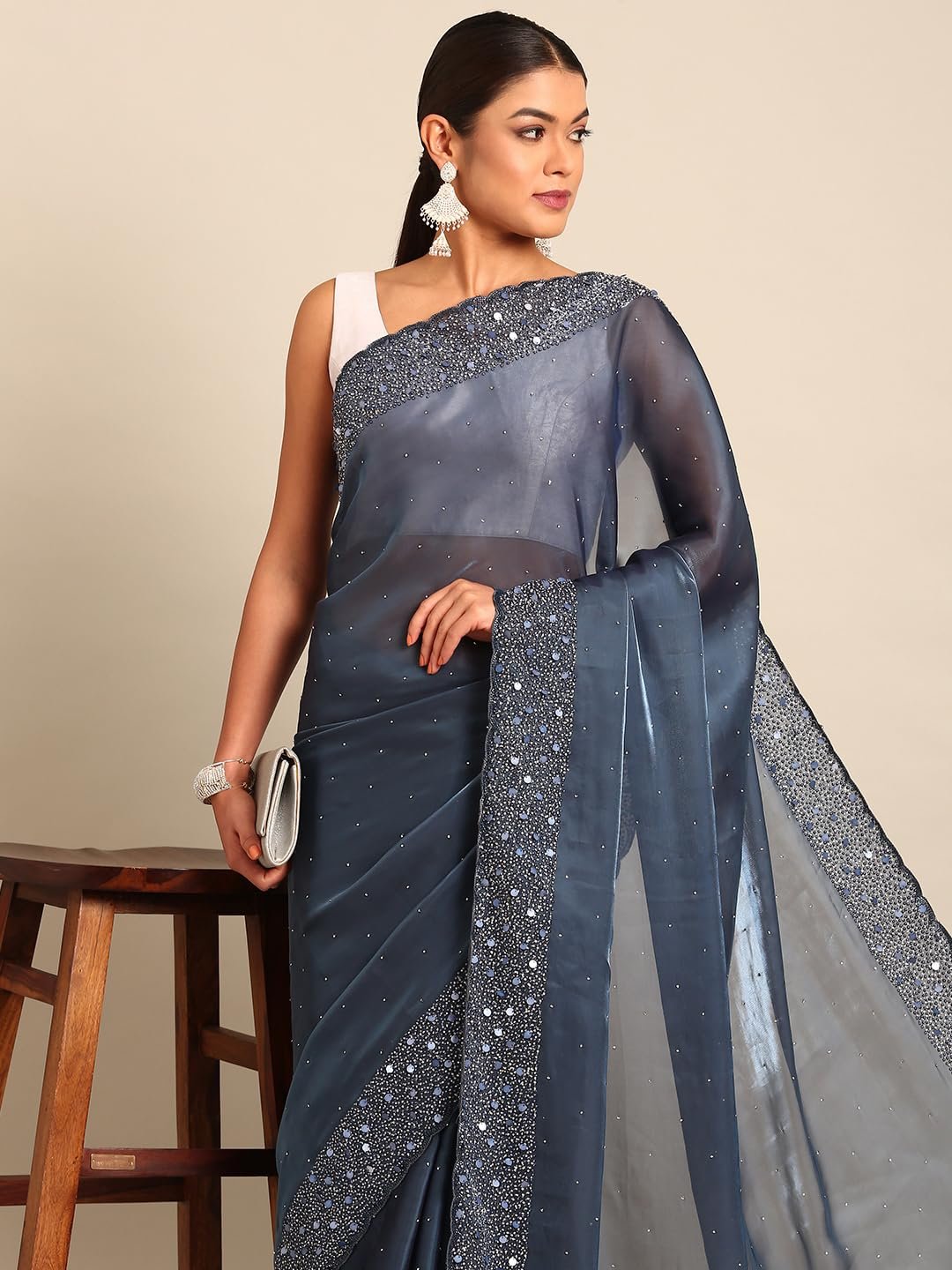 MOHEY Grey Organza Embroidery|Stone Work Saree for Women - Image 6